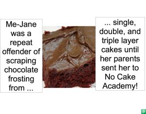 ME-JANE WENT TO NO CAKE ACADEMY